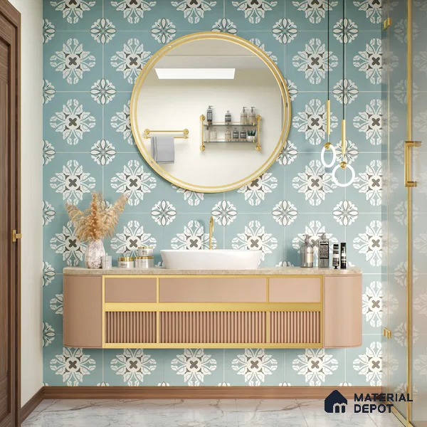 Multifired Moroccan Floor & Wall Tile TL 05718 Zellige Turquoise Bloom 1 ft x 1 ft Vitrified Matte Finish - 9 mm | Suitable for Bathroom, Kitchen & Backsplash