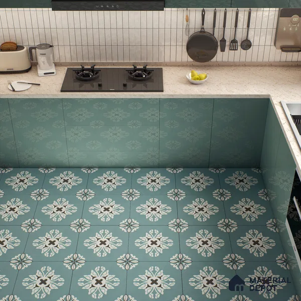 Multifired Moroccan Floor & Wall Tile TL 05718 Zellige Turquoise Bloom 1 ft x 1 ft Vitrified Matte Finish - 9 mm | Suitable for Bathroom, Kitchen & Backsplash