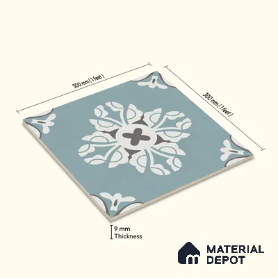 Multifired Moroccan Floor & Wall Tile TL 05718 Zellige Turquoise Bloom 1 ft x 1 ft Vitrified Matte Finish - 9 mm | Suitable for Bathroom, Kitchen & Backsplash