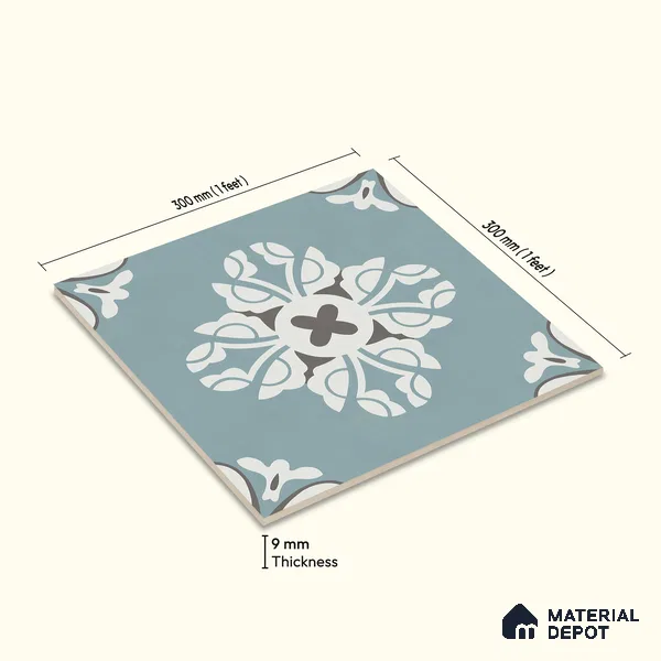 Multifired Moroccan Floor & Wall Tile TL 05718 Zellige Turquoise Bloom 1 ft x 1 ft Vitrified Matte Finish - 9 mm | Suitable for Bathroom, Kitchen & Backsplash