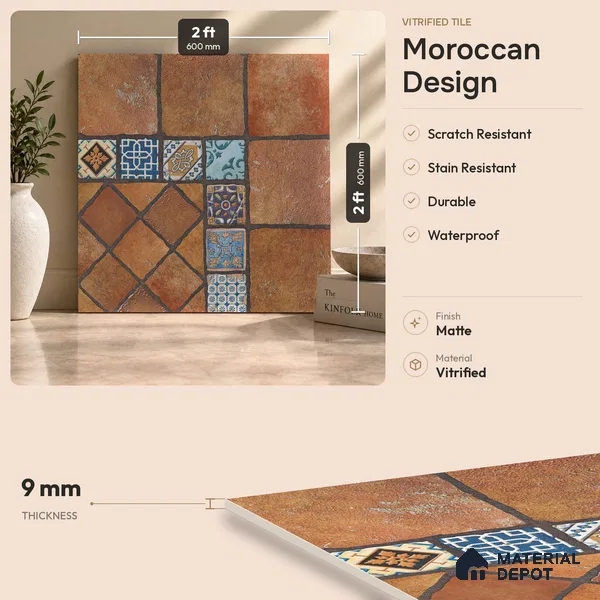 Multifired Moroccan Floor & Wall Tile TL 05723 Radiance Dazzling Brilliance 2 ft x 2 ft Vitrified Matte Finish - 9 mm | Suitable for Hallway, Outdoor, Terrace & Balcony