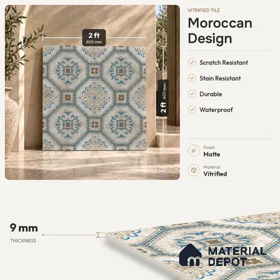 Multifired Moroccan Floor & Wall Tile TL 05724 Radiance Gilded Tesserae 2 ft x 2 ft Vitrified Matte Finish - 9 mm | Suitable for Living Room, Bathroom, Kitchen & Backsplash