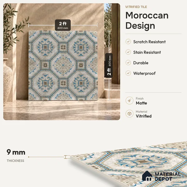 Multifired Moroccan Floor & Wall Tile TL 05724 Radiance Gilded Tesserae 2 ft x 2 ft Vitrified Matte Finish - 9 mm | Suitable for Living Room, Bathroom, Kitchen & Backsplash