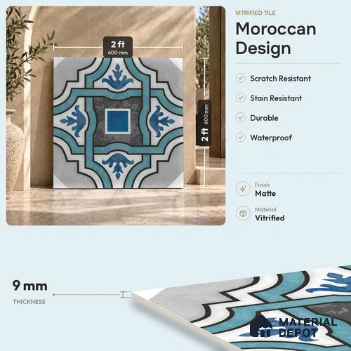 Multifired Moroccan Floor & Wall Tile TL 05726 Radiance Midnight Verse 2 ft x 2 ft Vitrified Matte Finish - 9 mm | Suitable For Kitchen, Balcony, Dining Area