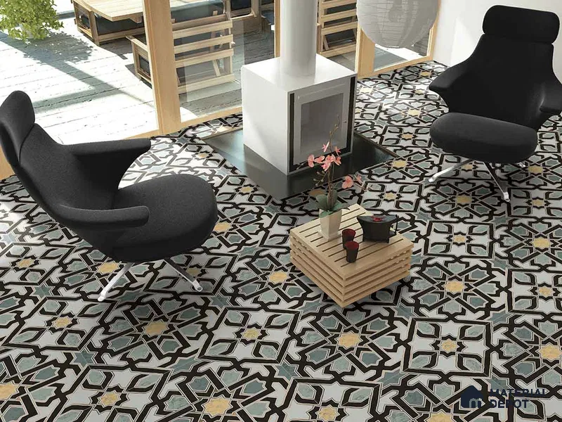 Multifired Moroccan Floor & Wall Tile TL 05728 Radiance Lime Scrollwork 2 ft x 2 ft Vitrified Matte Finish - 9 mm | Suitable For Kitchen, Balcony, Dining Area