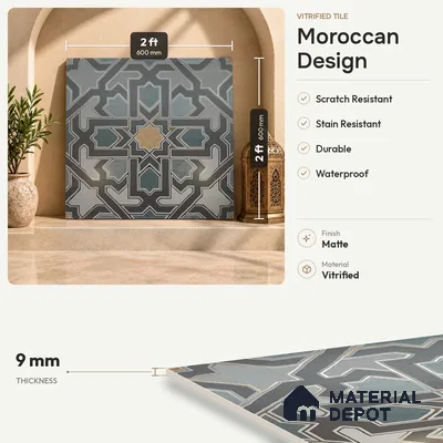 Multifired Moroccan Floor & Wall Tile TL 05728 Radiance Lime Scrollwork 2 ft x 2 ft Vitrified Matte Finish - 9 mm | Suitable For Kitchen, Balcony, Dining Area
