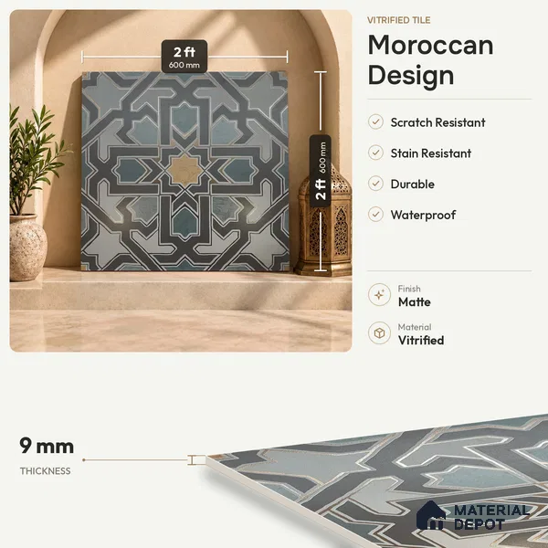 Multifired Moroccan Floor & Wall Tile TL 05728 Radiance Lime Scrollwork 2 ft x 2 ft Vitrified Matte Finish - 9 mm | Suitable For Kitchen, Balcony, Dining Area