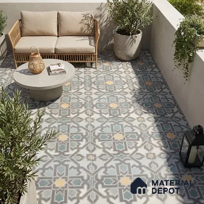 Multifired Moroccan Floor & Wall Tile TL 05728 Radiance Lime Scrollwork 2 ft x 2 ft Vitrified Matte Finish - 9 mm | Suitable For Kitchen, Balcony, Dining Area