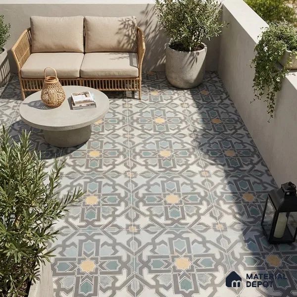Multifired Moroccan Floor & Wall Tile TL 05728 Radiance Lime Scrollwork 2 ft x 2 ft Vitrified Matte Finish - 9 mm | Suitable For Kitchen, Balcony, Dining Area