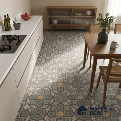 Multifired Moroccan Floor & Wall Tile TL 05728 Radiance Lime Scrollwork 2 ft x 2 ft Vitrified Matte Finish - 9 mm | Suitable For Kitchen, Balcony, Dining Area