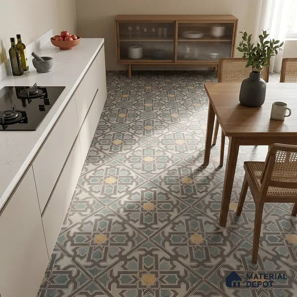 Multifired Moroccan Floor & Wall Tile TL 05728 Radiance Lime Scrollwork 2 ft x 2 ft Vitrified Matte Finish - 9 mm | Suitable For Kitchen, Balcony, Dining Area