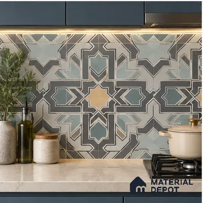 Multifired Moroccan Floor & Wall Tile TL 05728 Radiance Lime Scrollwork 2 ft x 2 ft Vitrified Matte Finish - 9 mm | Suitable For Kitchen, Balcony, Dining Area