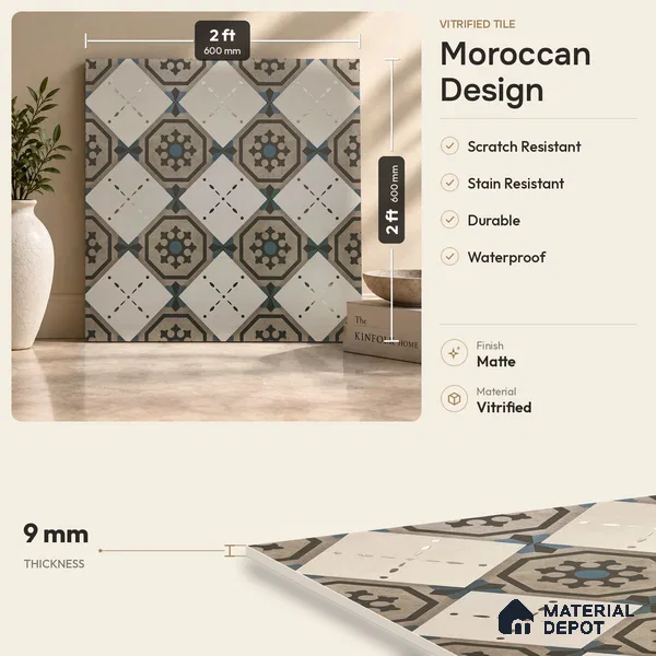 Multifired Moroccan Floor & Wall Tile TL 05730 Radiance Classic Lepiz 2 ft x 2 ft Vitrified Matte Finish - 9 mm | Suitable For Kitchen, Accent/Feature Wall, Dining Area