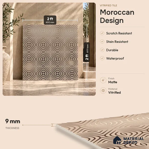 Multifired Moroccan Floor & Wall Tile TL 05732 Radiance Golden Tesserae 2 ft x 2 ft Vitrified Matte Finish - 9 mm | Suitable For Kitchen, Accent/Feature Wall, Dining Area