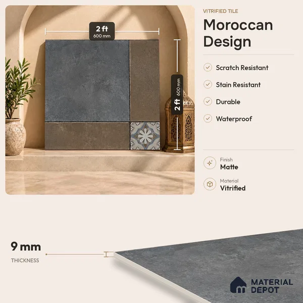 Moroccan Floor & Wall Tile TL 05821 Inox Prime Green 600x600 mm Matte Finish Vitrified Wall & Floor Tile - 9 mm | Suitable For Balcony, Courtyard, Corridor | Please Expect a Slight Variation of Pattern