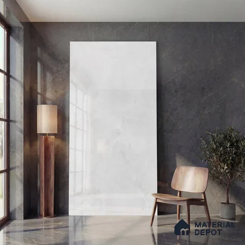 Marble Look Wall & Floor Tile TL 05836 Mountain White 8 ft x 4 ft High Gloss Finish Vitrified Large Format Tile - 9 mm | Suitable for Living Room, Bedroom, Office | Adhesive and Spacers Must be Used During Installation