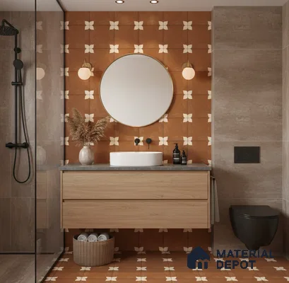 Moroccan Wall & Floor Athangudi Tile TL 05859 B Zellige Terracotta Floral Brown 1 ft x 1 ft Vitrified Matte Finish - 9 mm | Suitable for Bathroom, Kitchen, Balcony | Please Expect a Slight Variation of Pattern (Sample)