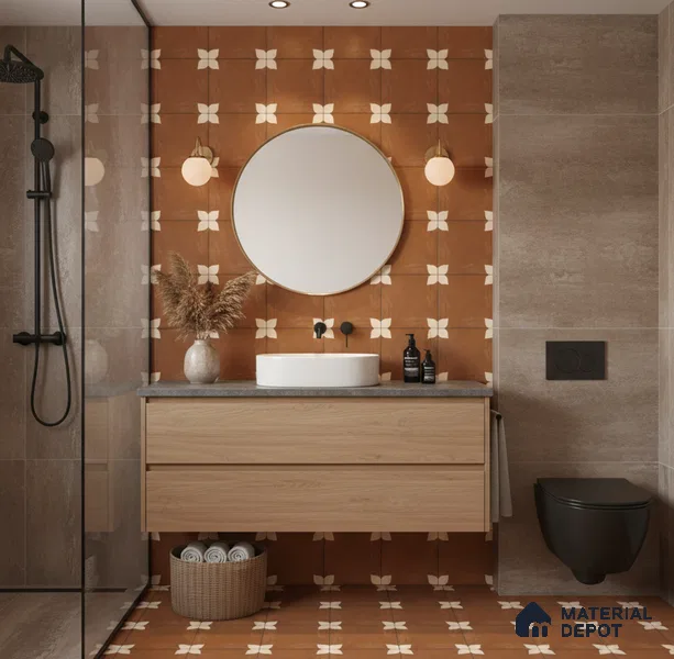 Moroccan Wall & Floor Athangudi Tile TL 05859 B Zellige Terracotta Floral Brown 1 ft x 1 ft Vitrified Matte Finish - 9 mm | Suitable for Bathroom, Kitchen, Balcony | Please Expect a Slight Variation of Pattern (Sample)