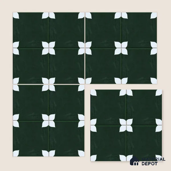 Moroccan Floor & Wall Athangudi Tile TL 05859 Zellige Emerald Leaf Green 1 ft x 1 ft Porcelain Matte Finish - 9 mm | Suitable for Bathroom, Kitchen, Balcony | Please Expect a Slight Variation of Pattern
