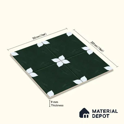 Moroccan Floor & Wall Athangudi Tile TL 05859 Zellige Emerald Leaf Green 1 ft x 1 ft Porcelain Matte Finish - 9 mm | Suitable for Bathroom, Kitchen, Balcony | Please Expect a Slight Variation of Pattern