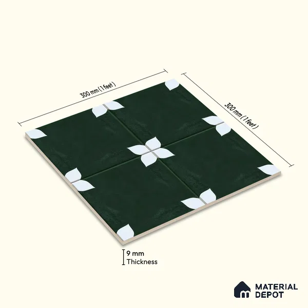 Moroccan Floor & Wall Athangudi Tile TL 05859 Zellige Emerald Leaf Green 1 ft x 1 ft Porcelain Matte Finish - 9 mm | Suitable for Bathroom, Kitchen, Balcony | Please Expect a Slight Variation of Pattern