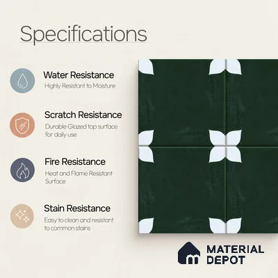 Moroccan Floor & Wall Athangudi Tile TL 05859 Zellige Emerald Leaf Green 1 ft x 1 ft Porcelain Matte Finish - 9 mm | Suitable for Bathroom, Kitchen, Balcony | Please Expect a Slight Variation of Pattern