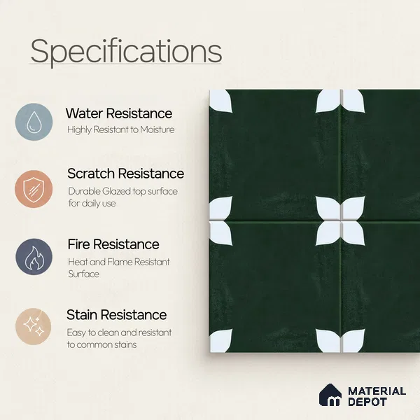 Moroccan Floor & Wall Athangudi Tile TL 05859 Zellige Emerald Leaf Green 1 ft x 1 ft Porcelain Matte Finish - 9 mm | Suitable for Bathroom, Kitchen, Balcony | Please Expect a Slight Variation of Pattern