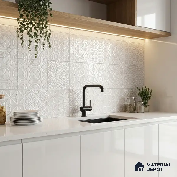 Subway Wall & Floor Handmade Tile TL 05861 B Curved Grid Frost Bloom 148 mm x 148 mm Vitrified - 9 mm | 4 Random Patterns | Suitable For Living Room, Bedroom, Kitchen