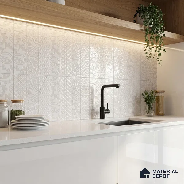 Subway Wall & Floor Handmade Tile TL 05862 C Paisley Swirls Pearl Paisley 297 mm x 72 mm Vitrified - 9 mm | 4 Random Patterns | Suitable For Kitchen, Accent/Feature Wall, Bathroom
