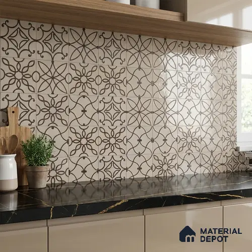 Metallic Wall Handmade Tile TL 05864 Center Diamond Bronze Scroll 96 mm x 96 mm Vitrified - 9 mm | 4 Random Patterns | Suitable For Living Room, Bedroom, Kitchen