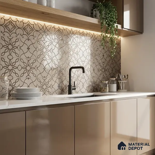 Metallic Wall Handmade Tile TL 05864 D Oval Grid Bronze Scroll 96 mm x 96 mm Vitrified - 9 mm | 4 Random Patterns | Suitable For Living Room, Bedroom, Kitchen
