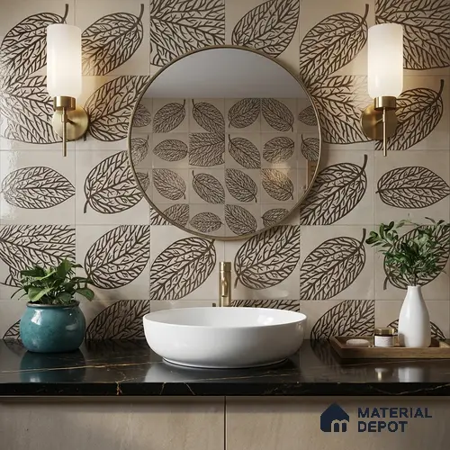 Metallic Wall Handmade Tile TL 05865 C Leaf Apex Leaf Vein 197 mm x 197 mm Vitrified - 9 mm | 4 Random Patterns | Suitable For Living Room, Bedroom, Kitchen
