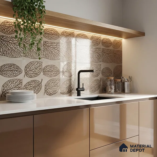 Metallic Wall Handmade Tile TL 05865 Vein Branch Leaf Vein 197 mm x 197 mm Vitrified - 9 mm | 4 Random Patterns | Suitable For Living Room, Bedroom, Kitchen
