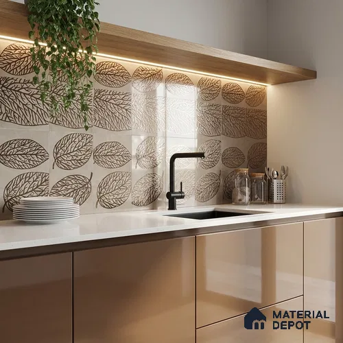 Metallic Wall Handmade Tile TL 05865 D Elegant Veins Leaf Vein 197 mm x 197 mm Vitrified - 9 mm | 4 Random Patterns | Suitable For Living Room, Bedroom, Kitchen