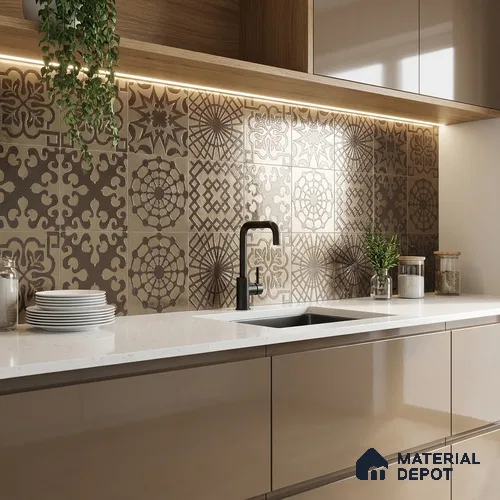 Metallic Wall Handmade Tile TL 05866 J Swirl Bloom Antique Charm 148 mm x 148 mm Vitrified - 9 mm | 6 Random Patterns | Suitable For Kitchen, Accent/Feature Wall, Bathroom