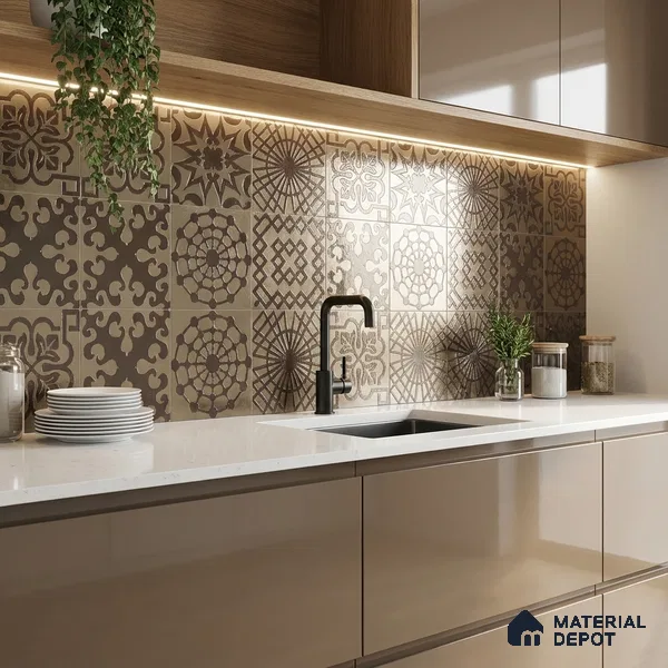 Metallic Wall Handmade Tile TL 05866 H Floral Burst Antique Charm 148 mm x 148 mm Vitrified - 9 mm | 6 Random Patterns | Suitable For Kitchen, Accent/Feature Wall, Bathroom