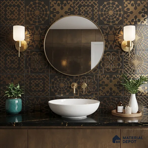 Metallic Wall Handmade Tile TL 05866 Floral Frame Bronze Charm 148 mm x 148 mm Vitrified - 9 mm | 6 Random Patterns | Suitable For Living Room, Bedroom, Kitchen