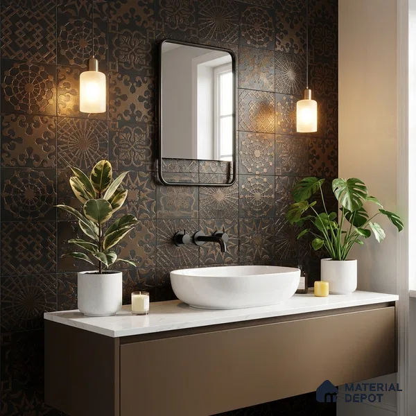 Metallic Wall Handmade Tile TL 05866 Floral Frame Bronze Charm 148 mm x 148 mm Vitrified - 9 mm | 6 Random Patterns | Suitable For Living Room, Bedroom, Kitchen