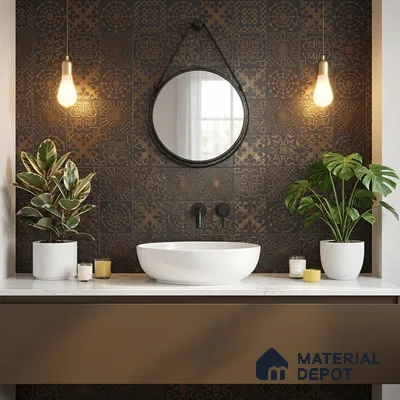 Metallic Wall Handmade Tile TL 05866 Floral Frame Bronze Charm 148 mm x 148 mm Vitrified - 9 mm | 6 Random Patterns | Suitable For Living Room, Bedroom, Kitchen