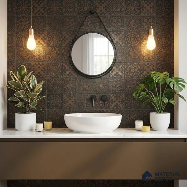 Metallic Wall Handmade Tile TL 05866 Floral Frame Bronze Charm 148 mm x 148 mm Vitrified - 9 mm | 6 Random Patterns | Suitable For Living Room, Bedroom, Kitchen