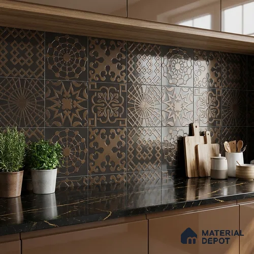 Metallic Wall Handmade Tile TL 05866 Floral Frame Bronze Charm 148 mm x 148 mm Vitrified - 9 mm | 6 Random Patterns | Suitable For Living Room, Bedroom, Kitchen
