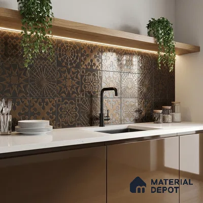 Metallic Wall Handmade Tile TL 05866 Floral Frame Bronze Charm 148 mm x 148 mm Vitrified - 9 mm | 6 Random Patterns | Suitable For Living Room, Bedroom, Kitchen