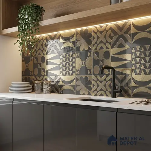 Metallic Wall Handmade Tile TL 05867 G Zigzag Stripe Opulent Metal 96 mm x 96 mm Vitrified - 9 mm | 8 Random Patterns | Suitable For Living Room, Bedroom, Kitchen