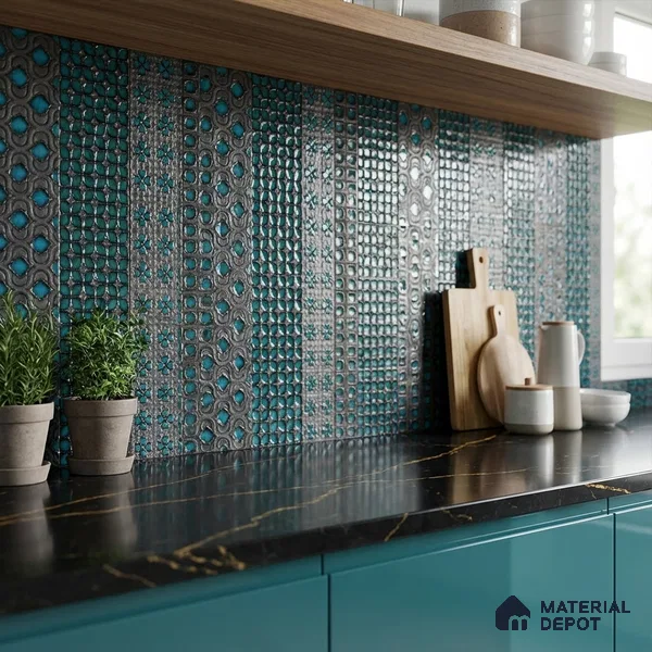 Metallic Wall Handmade Tile TL 05869 D Pattern 4 Turquoise Luxe 297 mm x 72 mm Vitrified - 9 mm | 4 Random Patterns | Suitable For Living Room, Bedroom, Kitchen