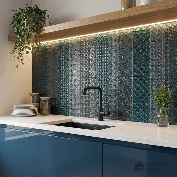 Metallic Wall Handmade Tile TL 05869 D Pattern 4 Turquoise Luxe 297 mm x 72 mm Vitrified - 9 mm | 4 Random Patterns | Suitable For Living Room, Bedroom, Kitchen