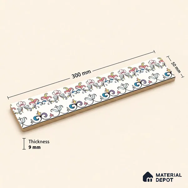 Floral Tile Border TL 05919 Spatial Accent Series 1 ft x 2 inch Vitrified Matte Finish Tile Border - 9 mm | Suitable for Decorative Highlighter Border