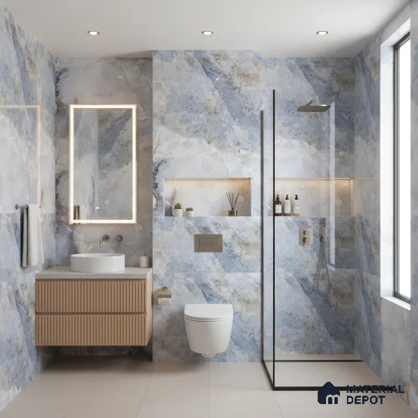 Budget Friendly Marble Wall & Floor Tile Value for Money TL 05938 B Terravia Azulora Onyx 4 ft x 2 ft - Vitrified  Glossy Finish - 8.5 mm | 3 Random Designs | Suitable for Living Room, Bedroom & Bathroom