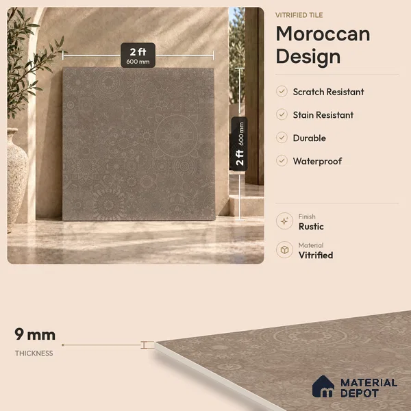 Moroccan Look Floor & Wall Tile TL 06013 Sunburst Sparkle 2 ft x 2 ft Rustic Carving Matte Finish Vitrified Tile - 9 mm | 4 Random Design | Suitable For Kitchen, Bathroom, Dining Area | Please Expect a Slight Variation of Pattern