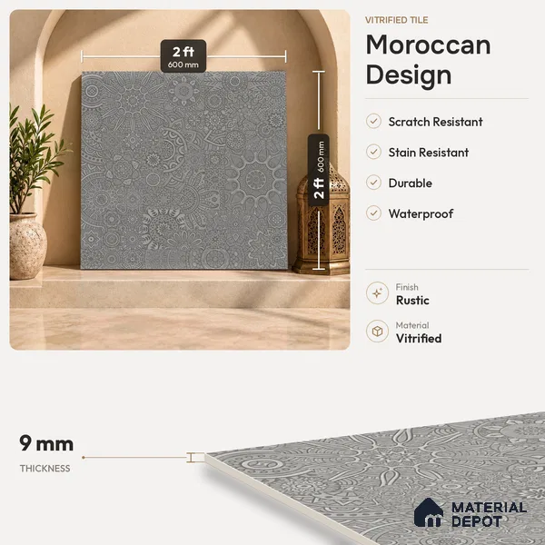 Moroccan Look Floor & Wall Tile TL 06014 Celestial Silver 2 ft x 2 ft Rustic Carving Matte Finish Vitrified Tile - 9 mm | 4 Random Design | Suitable For Kitchen, Bathroom, Dining Area | Please Expect a Slight Variation of Pattern