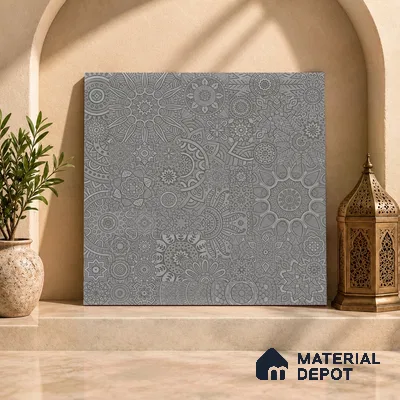 Moroccan Look Floor & Wall Tile TL 06014 Celestial Silver 2 ft x 2 ft Rustic Carving Matte Finish Vitrified Tile - 9 mm | 4 Random Design | Suitable For Kitchen, Bathroom, Dining Area | Please Expect a Slight Variation of Pattern